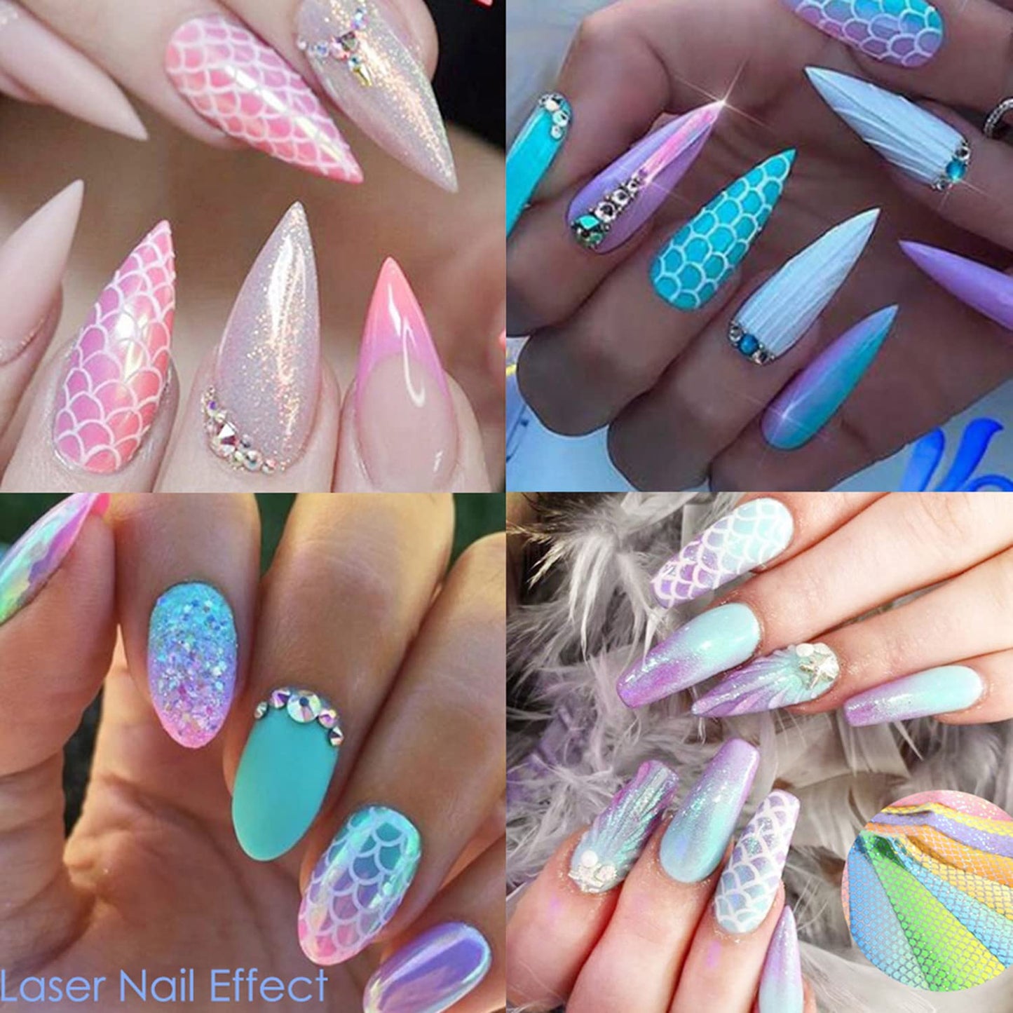 Holographic Nail Foil Transfer Stickers Decals, Fish Scales Nail Polish Sheets, Laser Line Mermaid Nail Art Designs Acrylic Nails Supplies for Nail Transfer Glue Polish, Bright Nail Film Decorations