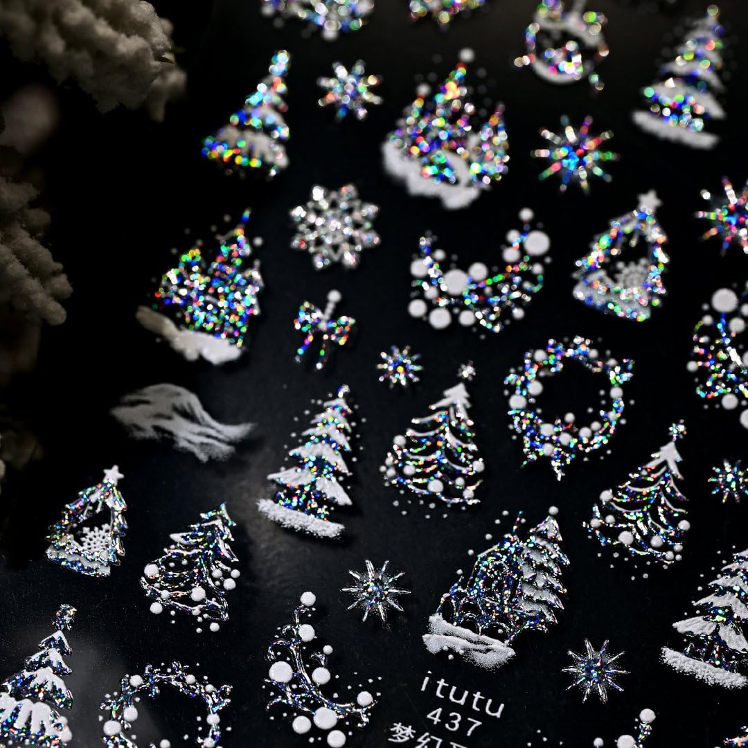 5D Embossed Christmas Nail Art Stickers Silver Nail Stickers Self-Adhesive Xmas Tree Elk Snowflakes Nail Decals Winter Xmas Holiday Manicure DIY Nail Supplies for Women Girls