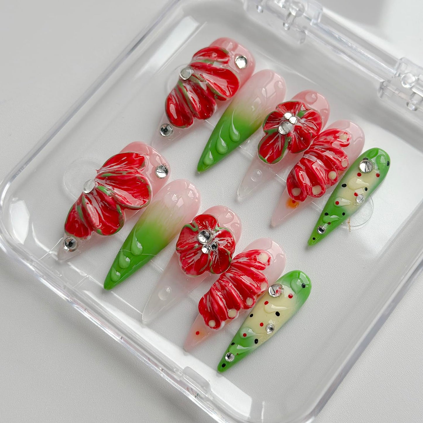 Luxury Press on Nails Long Stiletto Handmade 3D Unique Reusable ABS Material Fake Nails False Nails with Designs Red Floral Rhinestones Glossy Glue on Nail Thick Acrylic Nail(M)