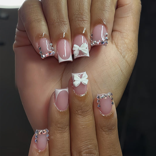 24Pcs Square Press on Nails Short French Tip Nails with 3D White Bow and Rhinestones, Pink Fake Nails Glossy Acrylic Stick on Nails Reusable False Nails for Women Wedding Party Daily DIY Manicure