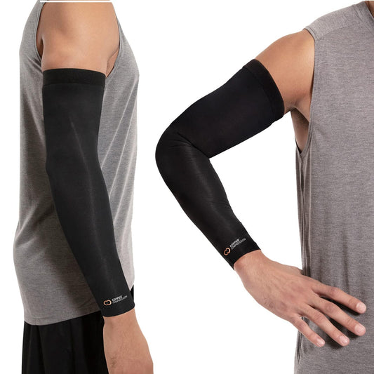 Copper Compression Arm Sleeve - Copper Infused Full Arm Brace for Forearm, Bicep, Triceps - Tennis Elbow, Basketball, Golf, Arthritis, Tendonitis, Bursitis, Post Surgery Rehab - Odor Resistant - Black - L