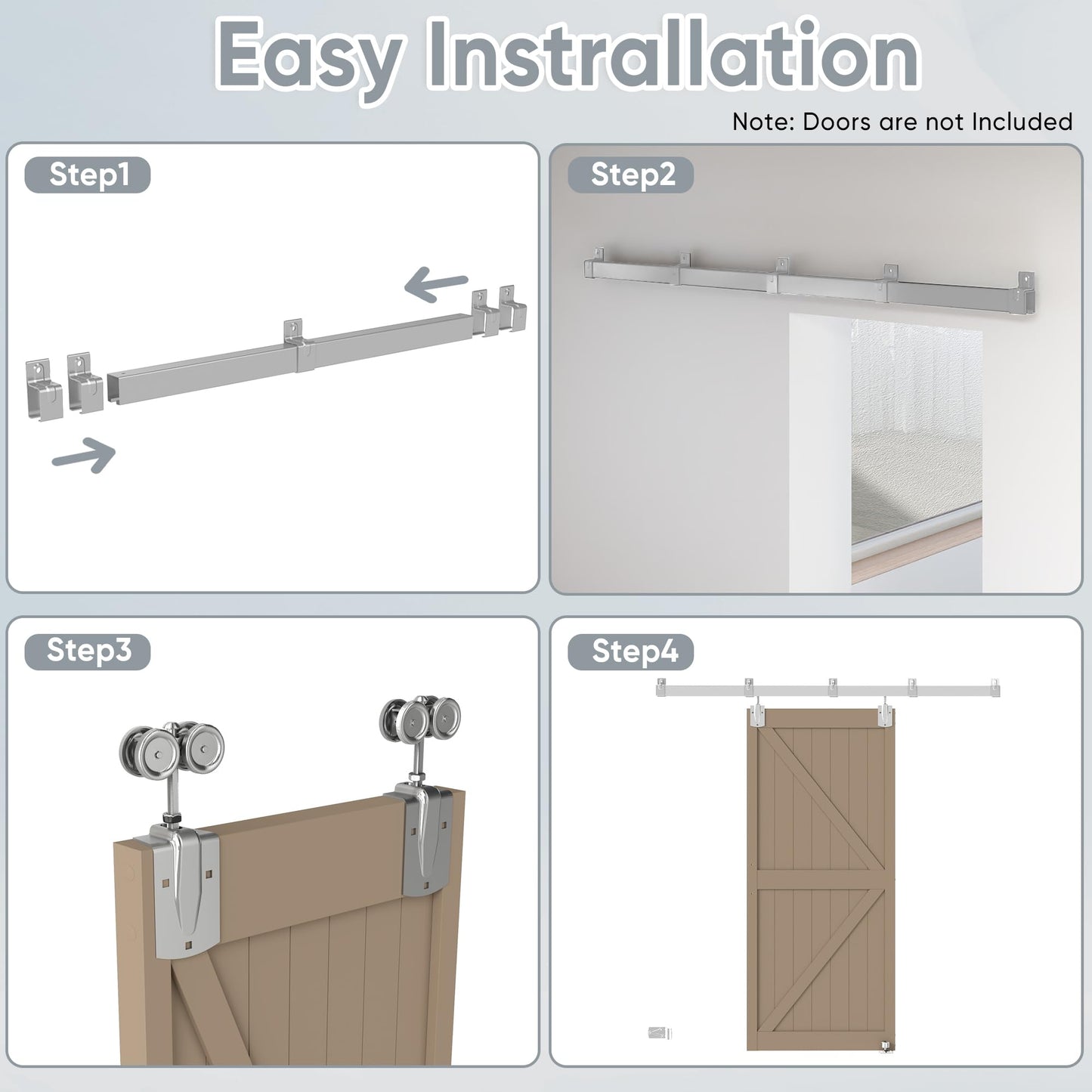 JUBEST 7.5FT Box Rail Exterior Barn Door Hardware Kit, Heavy-Duty Silver Sliding Barn Door Track System, Wall Mount Door Hardware Kits (Door Not Included)