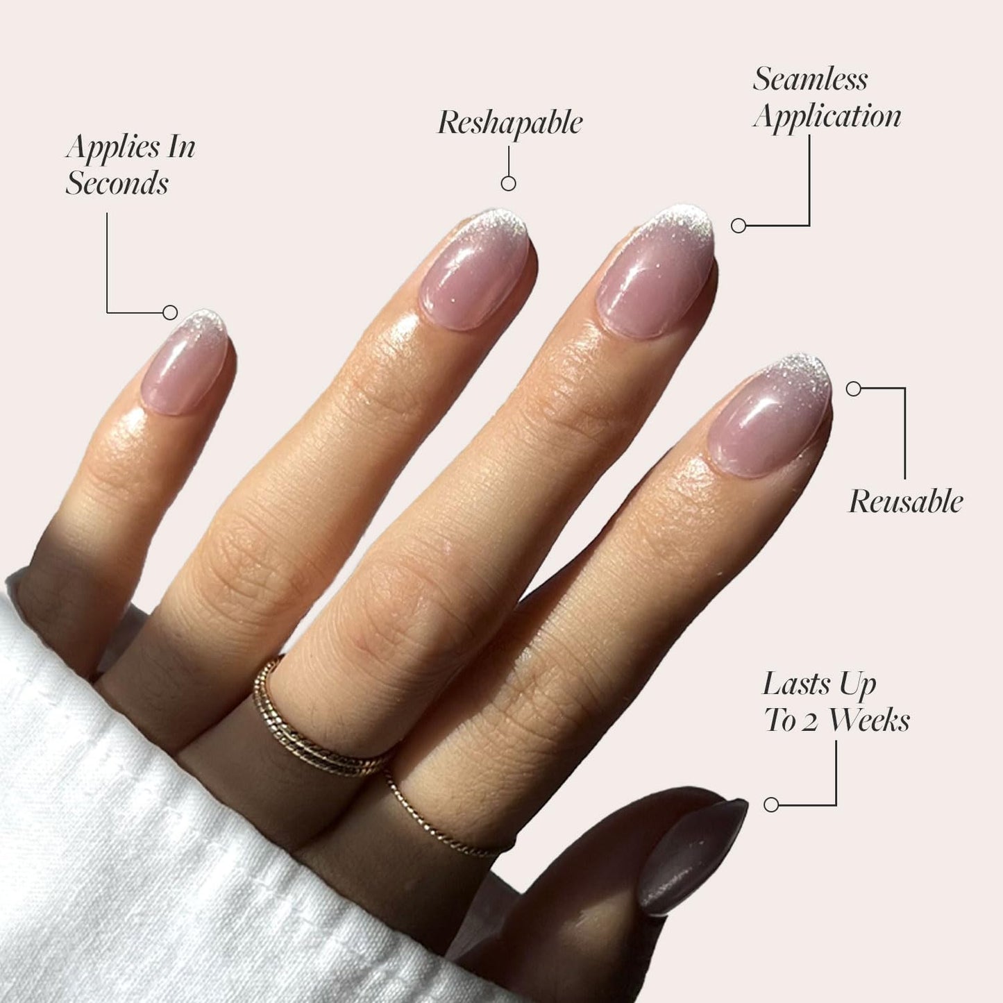 Glamnetic Press-On Nails Bundle - All Time Love & Fairy Dust | Short Almond Fake Nails with French Tips and Leaf Accents | Short Oval Beige-Pink False Nails with a Metallic Finish | Reusable, Salon-Q
