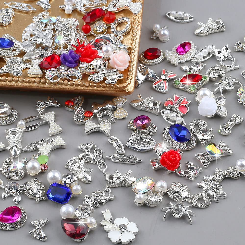 50pcs 3D Nail Charms for Acrylic Nails, Mix Styles Silver Rhinestones for Nails Metal Nail Jewels for Nail Art Charms for Nails Design Alloy Zircon Nail Rhinestones Pearl Nail Gems Women Nail Supplies