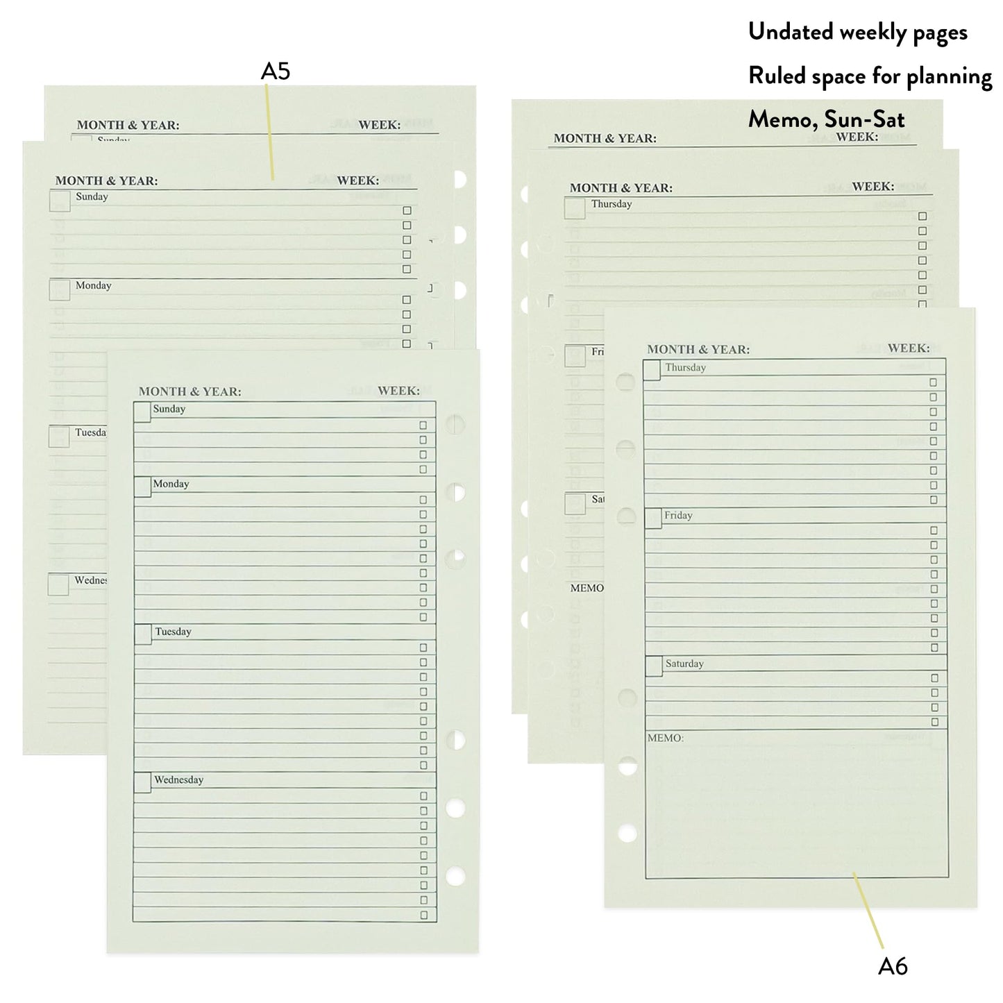 Metrubyone 90+54+14 A5 Refill Paper with Undated Monthly Weekly Calendar Planner Inserts, 6 Ring Loose Leaf Lined Filler Paper Refillable for Binder Planner Journal Agenda Notebook