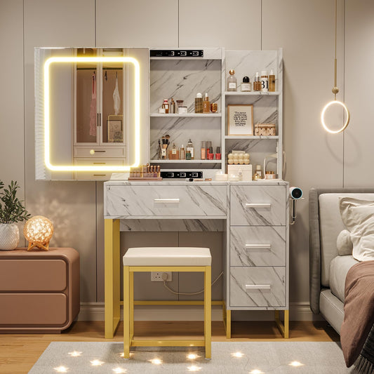 57'' Large Vanity Desk with Mirror & Lights, Makeup Vanity Table with Charging Station, 3 Lighting Modes, Elegant Vanity Set with 4 Drawers and Shelves, Cushioned Stool,Marble White