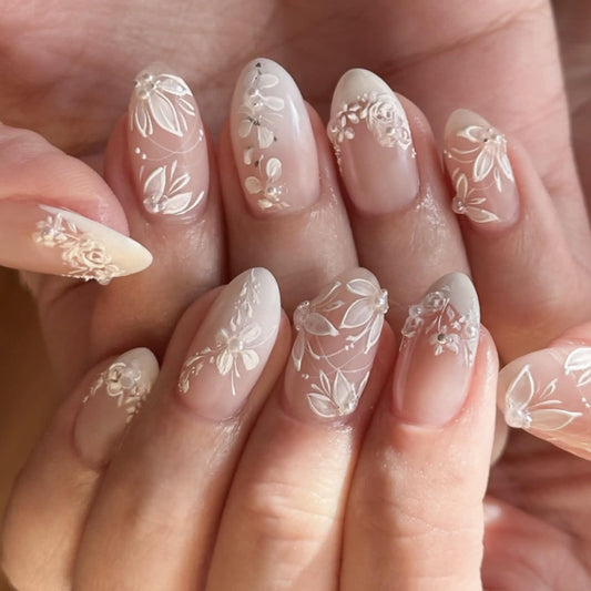OCTOSWAVE Medium Press on Nails Almond Fake Nails French Artificial Nail Flowers Charm Stick on Nail for Women 24pcs