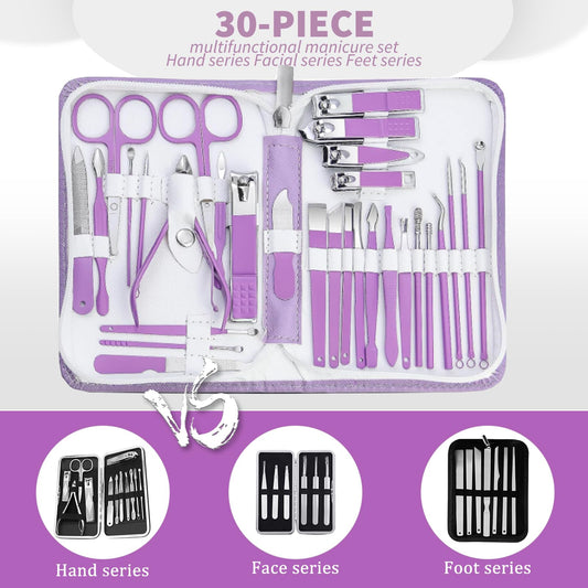 Manicure kit for Women Personal Nail Care Kit, 30 in 1 Professional Stainless Steel fingernail and toenail Clippers,Pedicure Kit and Beauty Tools Portable Set with Luxurious Travel Case (Purple)