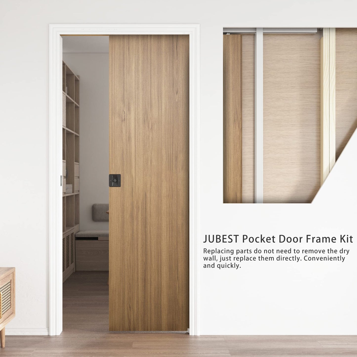 JUBEST 32"x80" Pocket Door Frame Kit with 88LBS Two-Way Soft-Close Mechanism, Easy to Install Hidden Door Kit, Smoothly and Quietly