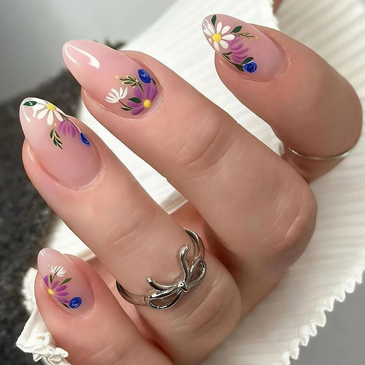 Almond Press on Nails Medium Fake Nails Flower False Nails with Daisy Floral Designs Nude Pink Glossy Glue on Nail Full Cover Spring Summer Acrylic Nails for Women Girls 24Pcs