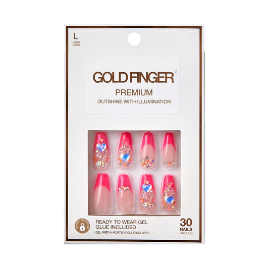GoldFinger Premium Luxury False Nails Kit, Ready to Wear Pink French Nails, Manicure Stick and Glue Included, Long Coffin Shape with 3D Rhinestones, Long-Lasting Hottest Trend Glue on Nails