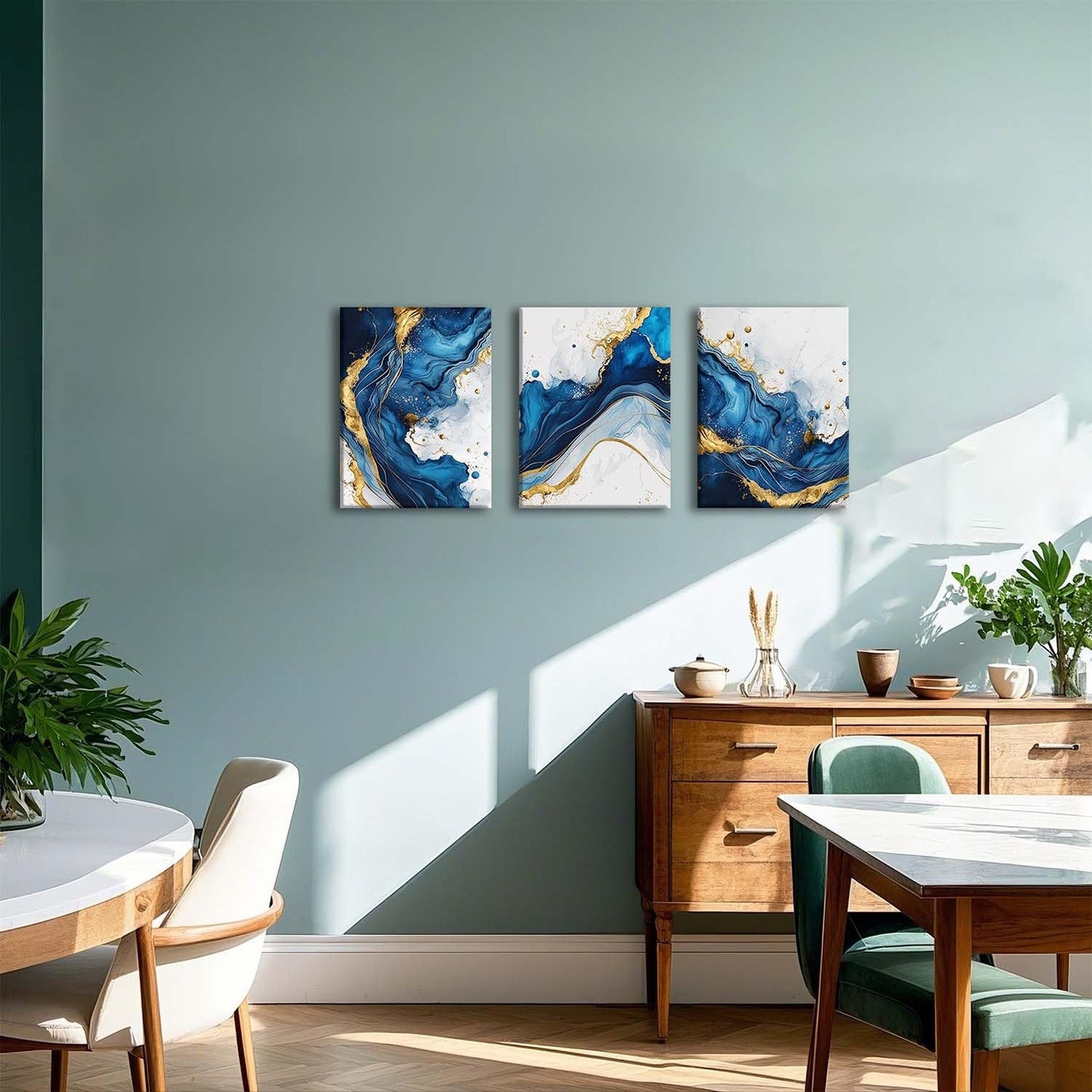 ZQARTZZQ 3 Piece Framed Wall Art Abstract Wall Decor Navy Blue and Gold Pictures Marble Foil Canvas Art Modern Minimalism Paintings Artwork For Living Room Bedroom Office 12x16in