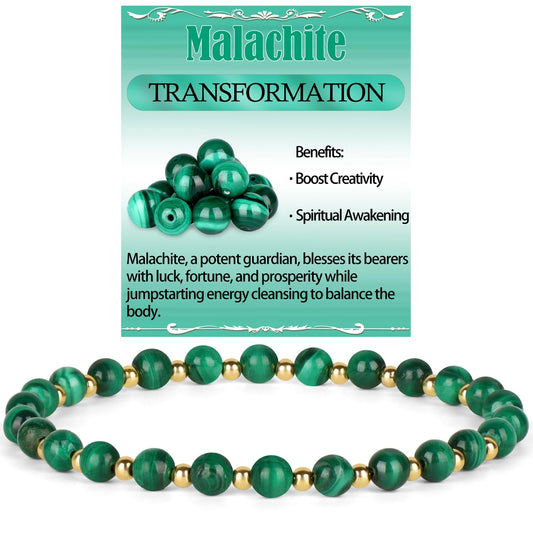 QOGIR Malachite - Transformation - 14K Gold Plated Beads Natural Gemstone Stretch Elastic Dainty Healing Beaded Bracelets Gifts 4mm