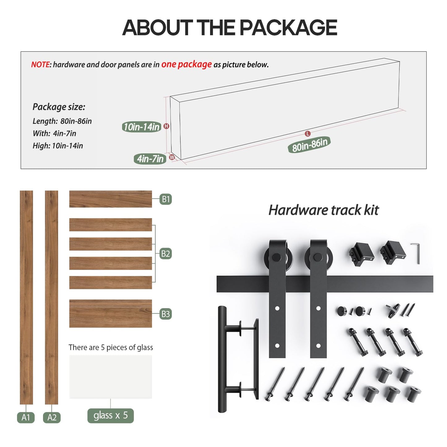 FREDBECK 32 x 84 inch Glass Barn Door with 5.5FT Barn Door Hardware Kit & Handle Included,5-Panel Frosted Glass,Water-Proof Surface,Pre-Drilled Holes,Need Assembly