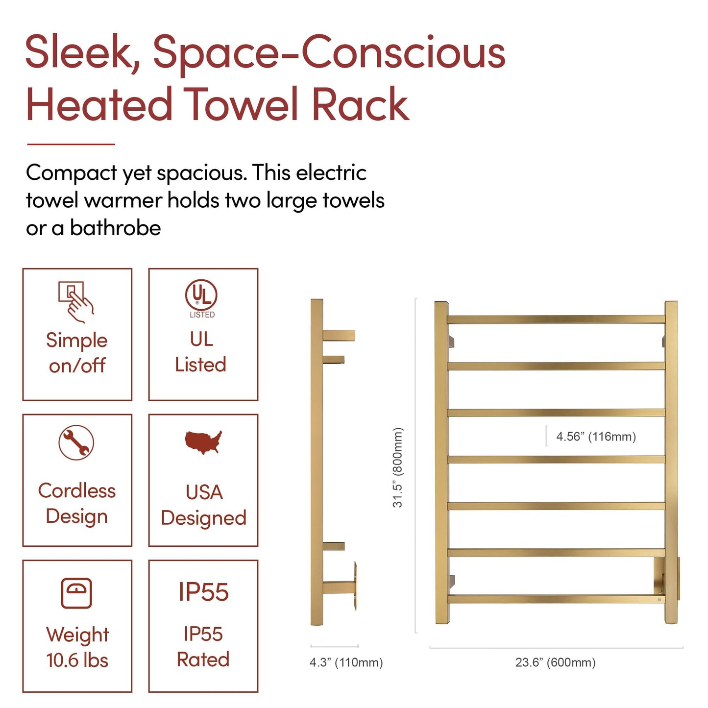 Heated Towel Rack – Brushed Gold Wall Mounted Towel Warmer for Luxurious Bathroom Spa-Like Comfort, 7-Bars, 75 Watts Electric Hardwired UL Certified Safe, WarmlyYours Tahoe
