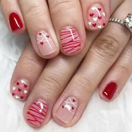 24Pcs Valentine's Press on Nails Short Fake Nails Red White Heart with Line False Nails Design Romantic Heart Full Cover Artificial Glue on Nails Valentines Stick on Nails for Women DIY Manicure