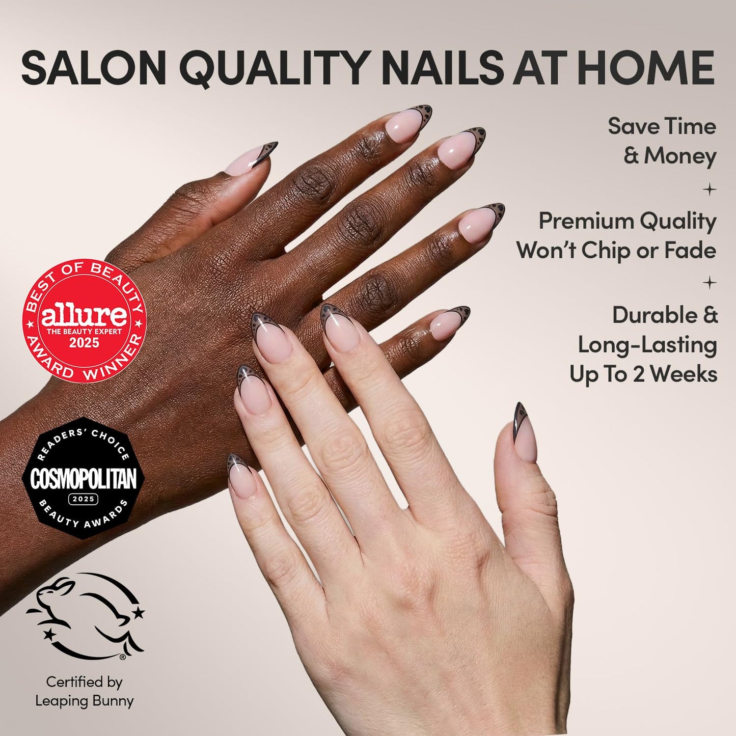 Glamnetic Press On Nails - Love Noir | Short Almond Fake Nails in Semi-Transparent Black French Tips with Opaque Outline and Heart Details | 15 Sizes - 30 Nail Kit with Glue