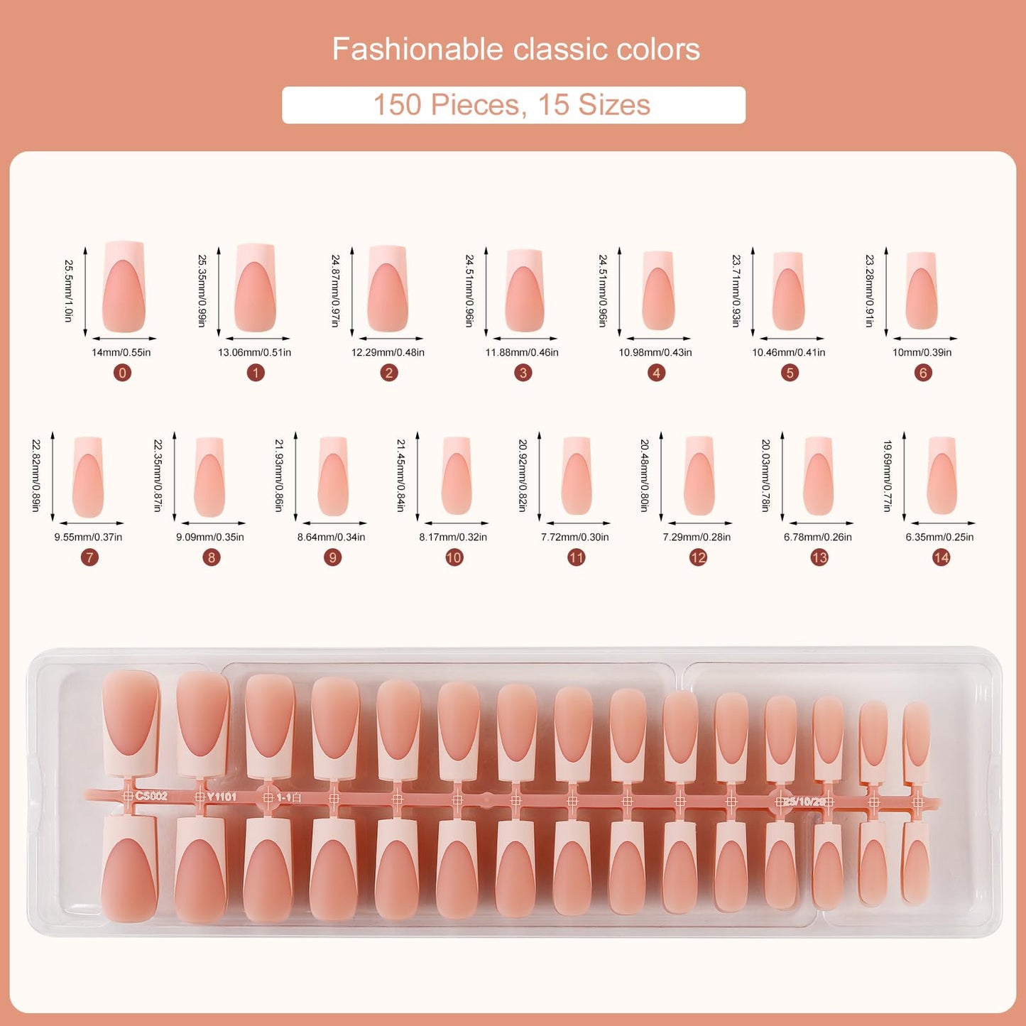 Jellyqueen French Gel Press on Fake Nail Tips, 150Pcs Long Square Nail Tips, Brown Soft Gel Tips No Need to File 3 in 1 Tips for Nail Art DIY 15 Sizes (A18-02-08)