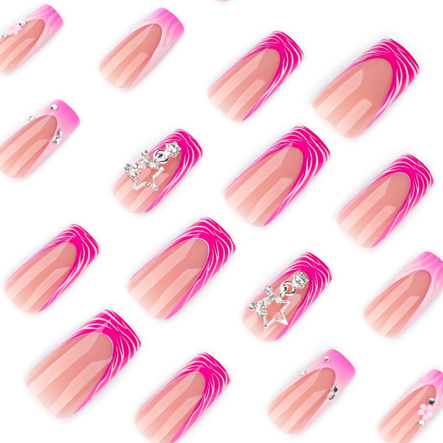 CTTHNBD Press on Square Nails - Medium Fake Nails with Star Charms Design - Pink French Tip False Nails - for Women 24 Pcs