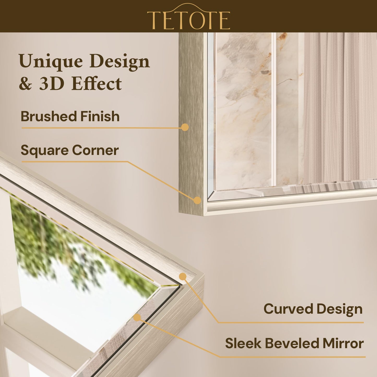 TETOTE 60 x 36 Inch Brushed Nickel Bathroom Mirror Beveled Frame Vanity Mirror, Tempered Glass, Shatterproof, for Modern Bedroom, Entryway, Living Room