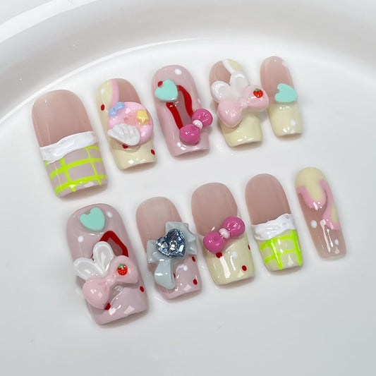Wsiliana Handmade Fake Nails Press On Nails Medium Short Coffin Pink Tip 3D Design Art Charms Cute with Storage Box 10 Pcs (037, L)