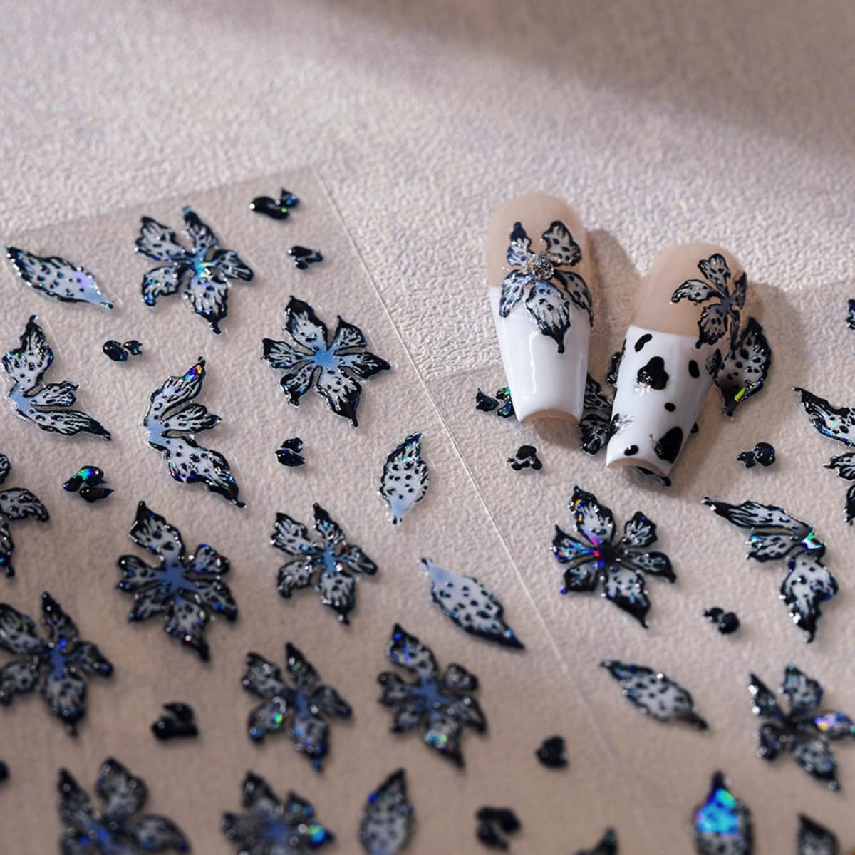 Black Flower Nail Sticker 5D Embossed Laser Flower Nails Art Sticker Self Adhesive Nails Decals Holographic Floral Nail Art for Women Manicure Supplies Nails Art Decorations