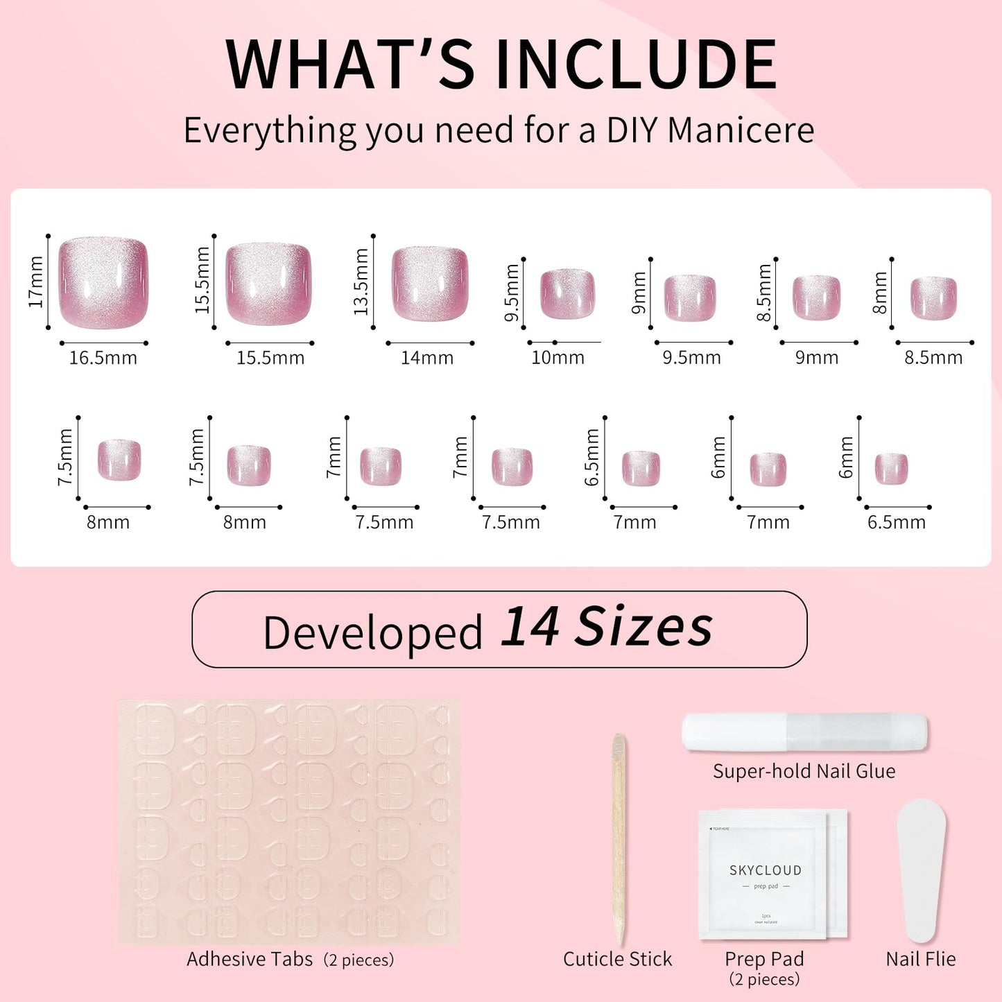 Pink Cat Eyes Press On Toenails,28 Pcs Soft Gel Rose Red Short Square Fake Toenails Kit, Natural Reusable Stick On False Toenail for Women and Girls SK0755