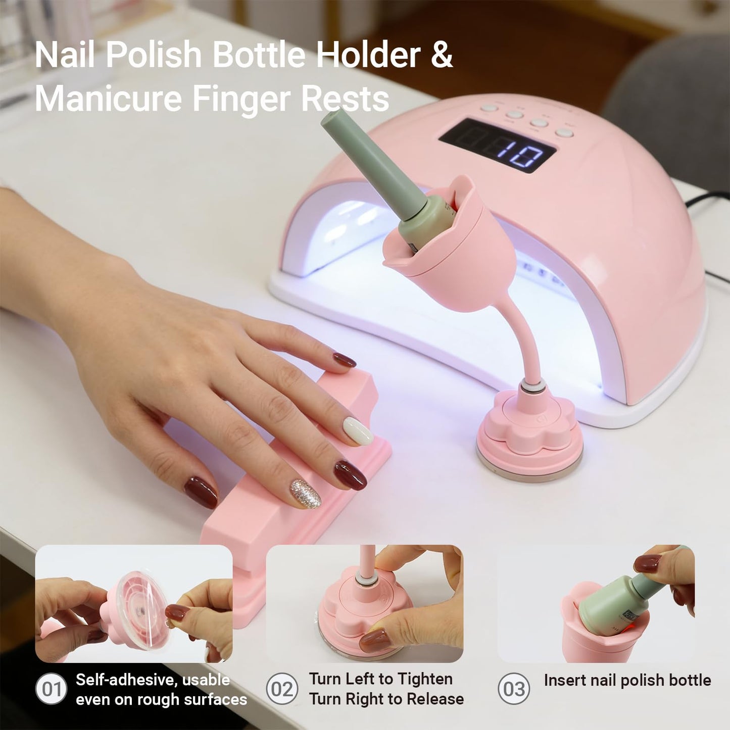DR.YYDF Nail Polish Bottle Holder with Silicone Hand Rest, Tilted and Anti-Spill Nail Polish Holder Stand, Strong Suction cup, 360°Rotation Rose-like Nail Stand, Nail Art Tools (Pink Stand and Hand Rest)