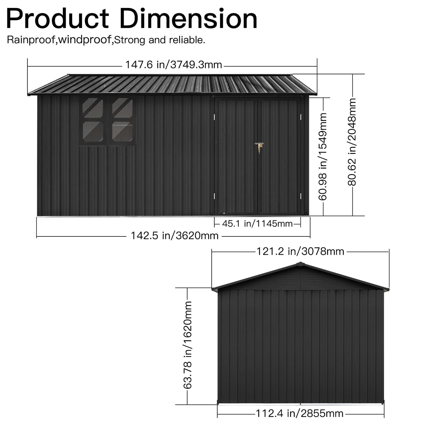 KEIKI 12x10 FT Metal Garden Shed with Window & Storage Shelves, Outdoor Storage House, Apex Roof Ventilated Utility Shed with Hinged Door for Backyard Tool Organization, Lock Included, Black