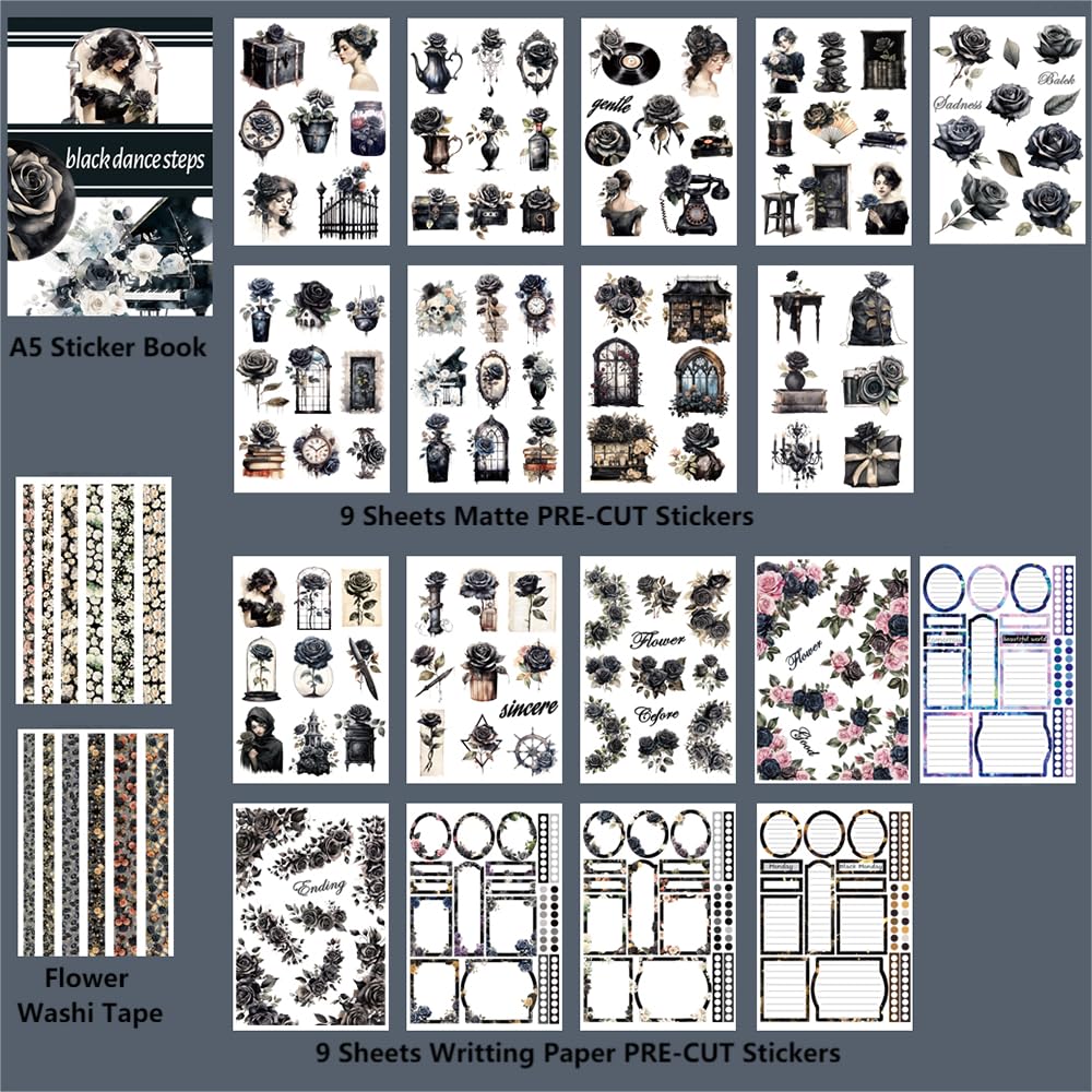 Dwpetzo Scrapbook Stickers for Journaling Adults, Pre-Cut Transparent Stickers, Scrapbooking Materials, Waterproof Sticker Book for Junk Journals, Scrapbook Supplies