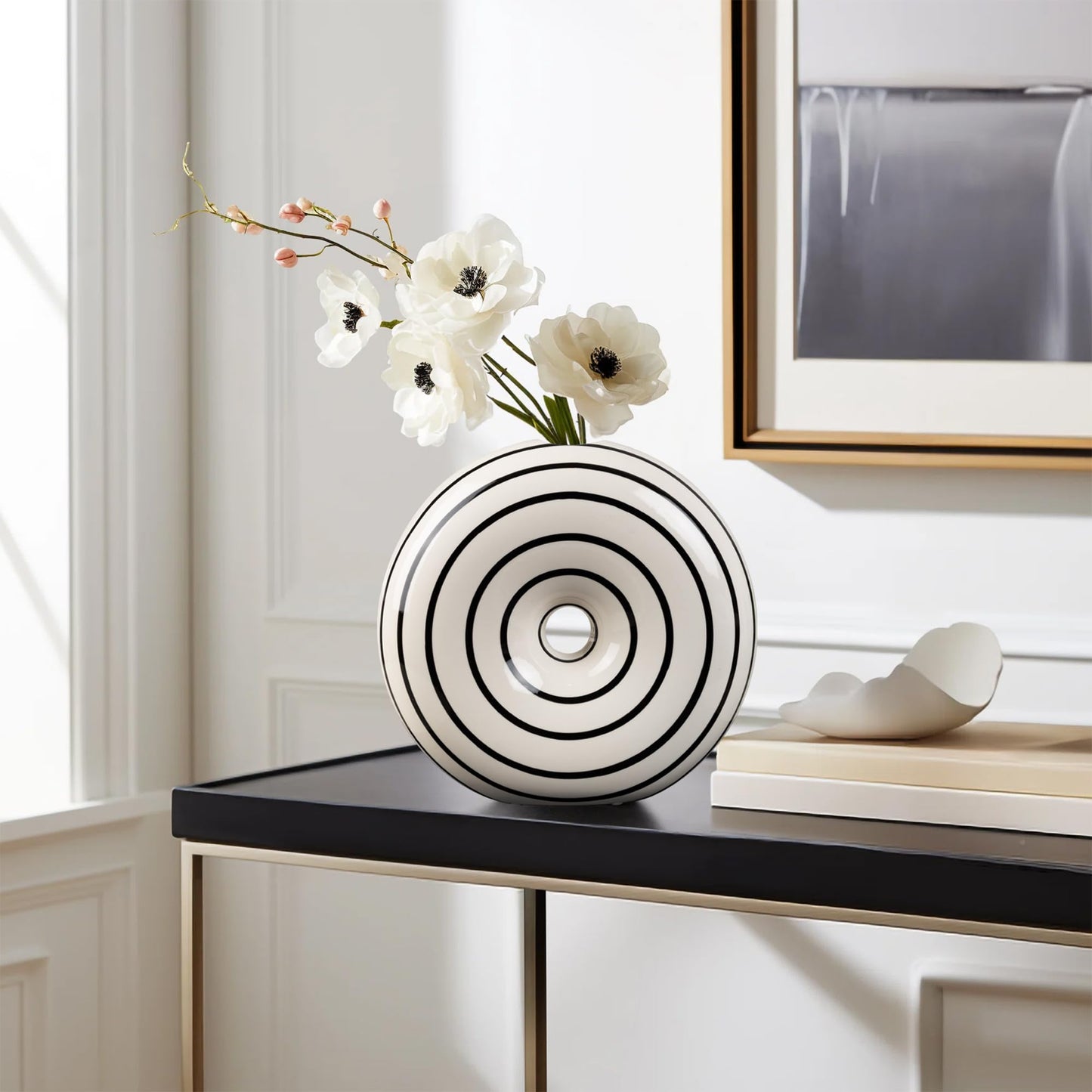 Konstéra Ceramic Large Donut Vase Hand-Painted Glossy Finish, Unique Modern Home Accent, Flower Holder, Stylish Decor for Living Room, Coffee Table, Mid-Century Modern