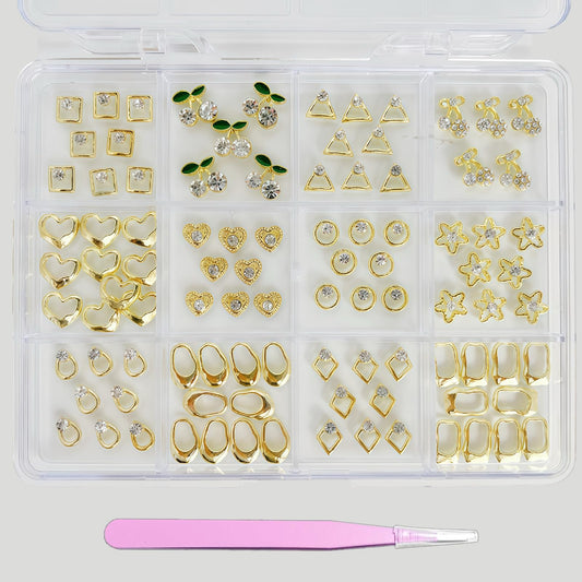 Pizadix 96PCS Gold Nail Charms Kit, 12 Styles 3D Alloy Rhinestones (Hearts/Stars/Leaves & Geometric), 12-Grid Organizer Box & Tweezer, for Gel, Acrylic & Press-On Nails