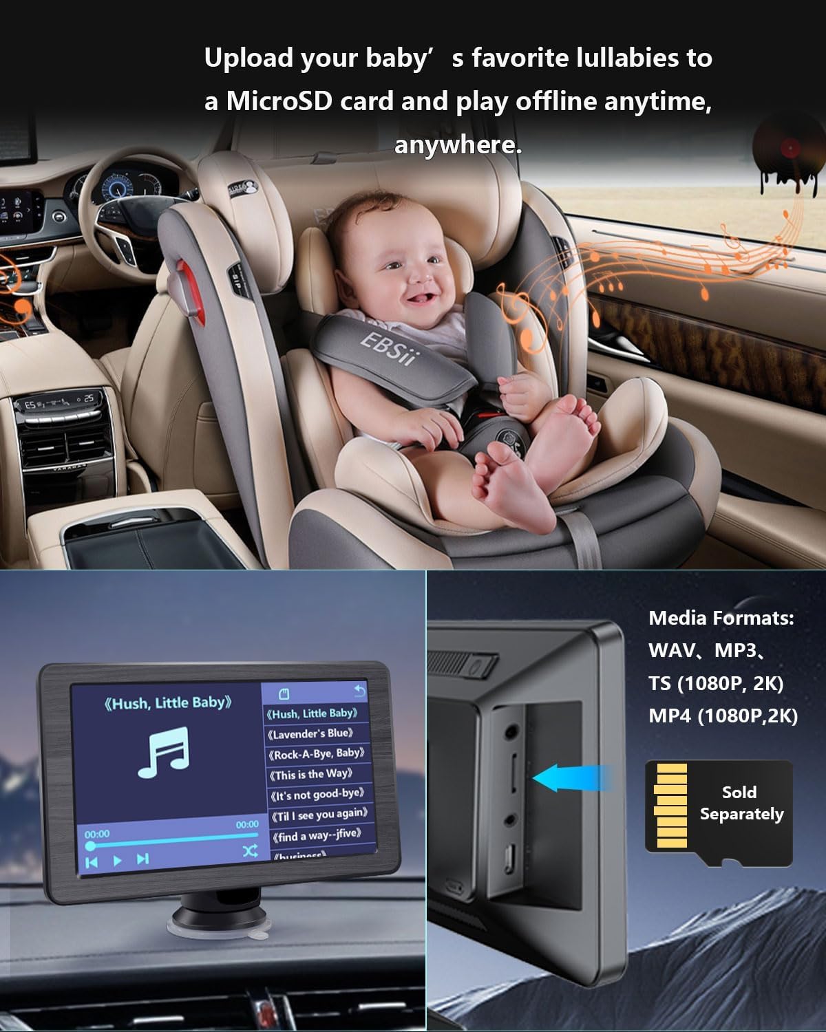 Faninso Baby Car Camera, 1296p HD, Car Baby Monitor with 7" Touchscreen, CarPlay, No-Glow Night Vision, 150° Wide Angle, Live Rear Seat View, Easy Installation, Fits Most Cars