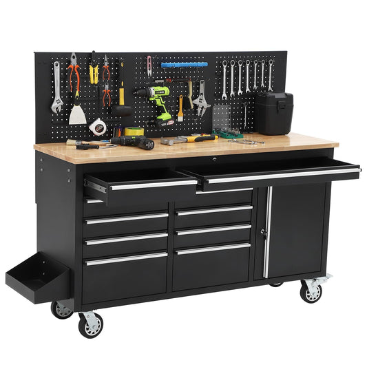 61-Inch Rolling Tool Chest with 10 Drawers & Power Strip, Solid Rubber Wood Top, 1675 LBS Load Heavy Duty Mobile Workstation, Locking System and Drawer Liners for Garage Warehouse Shop, Black