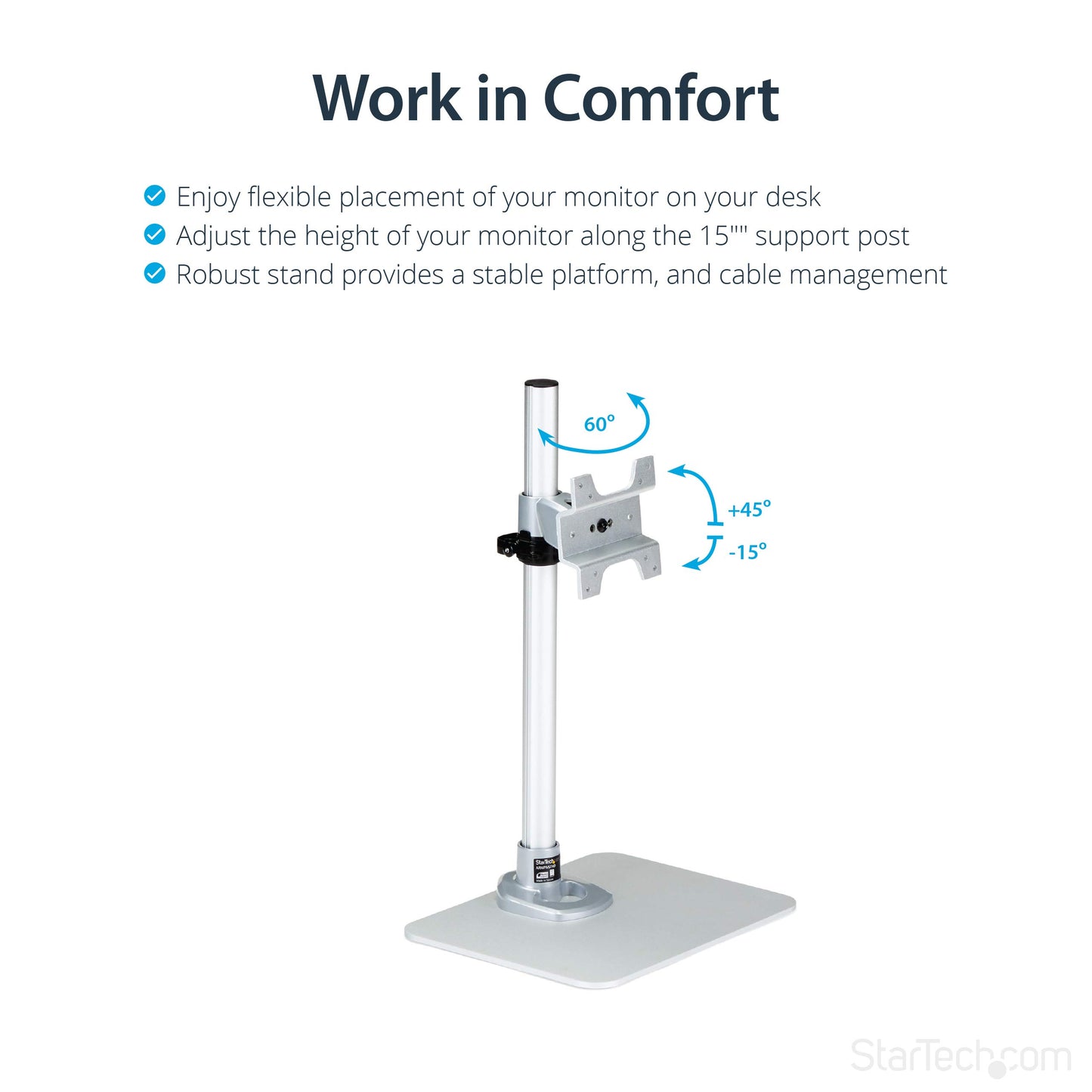 StarTech.com Single Monitor Stand, Adjustable, Supports UHD, iMac and Apple Thunderbolt Displays from 12'' to 34" (30.9lb/14kg), Premium Single Screen VESA Monitor Mount Stand, Silver, TAA