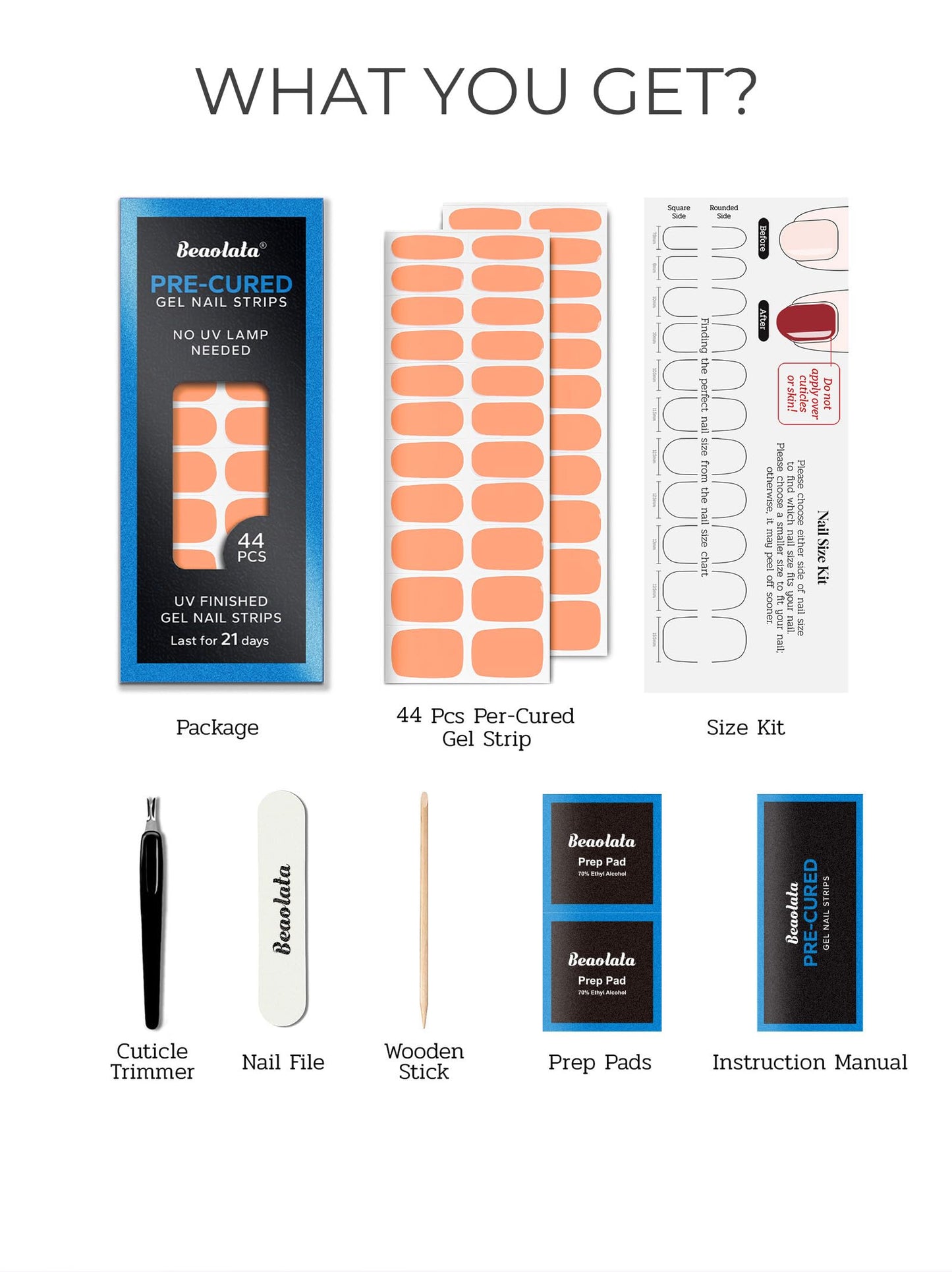 Beaolata Real Gel Nail Strips (No UV Light Needed) - 44Pcs Salon Quality Nail Stickers - Long Lasting Polish Wraps for Women, Easy Apply & Remove (Marigold Orange