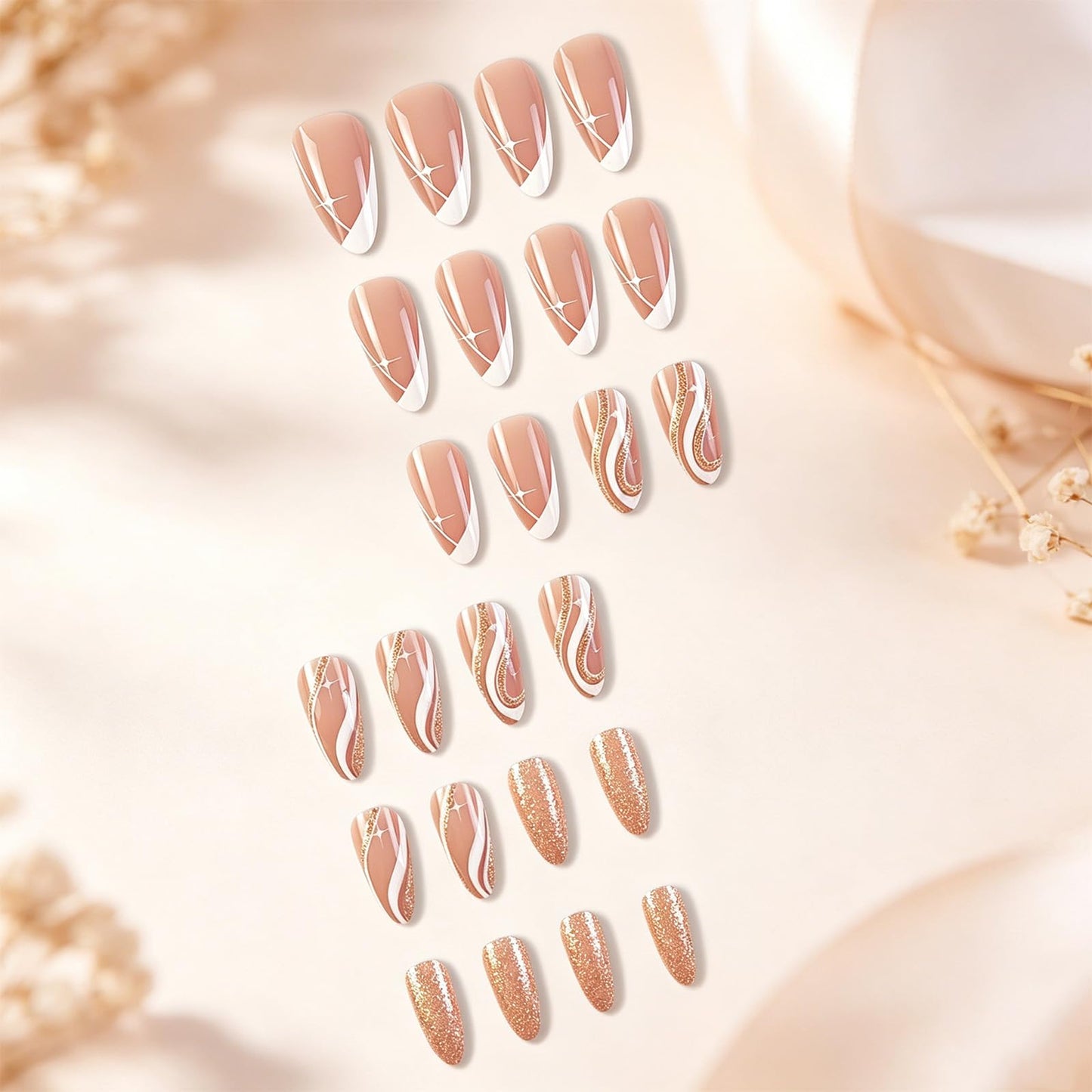 Medium Almond False Nails with Curve Line Design Stars Press on Nails Glossy Gold Glitter Fake Nail Wave Stick on Nail Milky Way Glue on Artificial Fingernails for Women Daily Wear