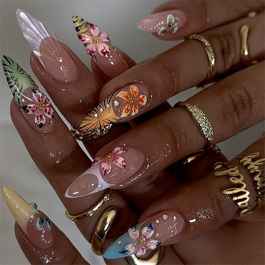 HOSAILY 3D Coloful Flower Press on Nails Medium Almond, Tropical Floral Summer Beach Vacatin Holiday Press ons for Women, 24pcs Glossy Pretty Reusable Soft Gel Full Cover Stick on Fake Acrylic Nails