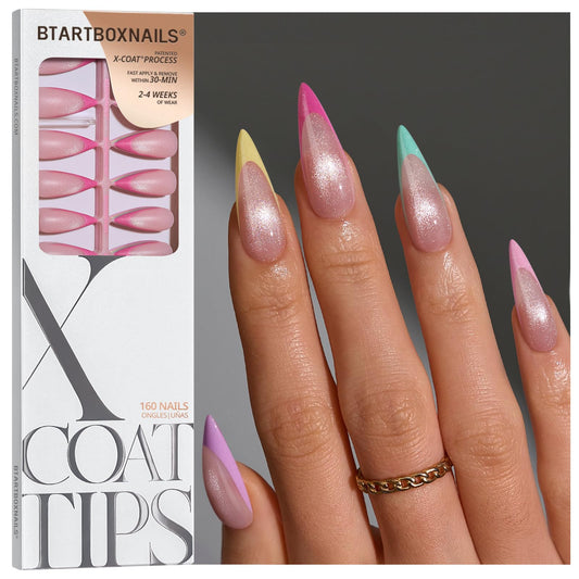 BTArtboxnails XCOATTIPS 5 Brighter Pastel French Tip Press on Nails - Long Stiletto, Cat Eye Base, 4-Week Wear, Easy-to-Apply, Soak Off, Salon Quality Value at Home, 16 Size - 160 Fake Nails
