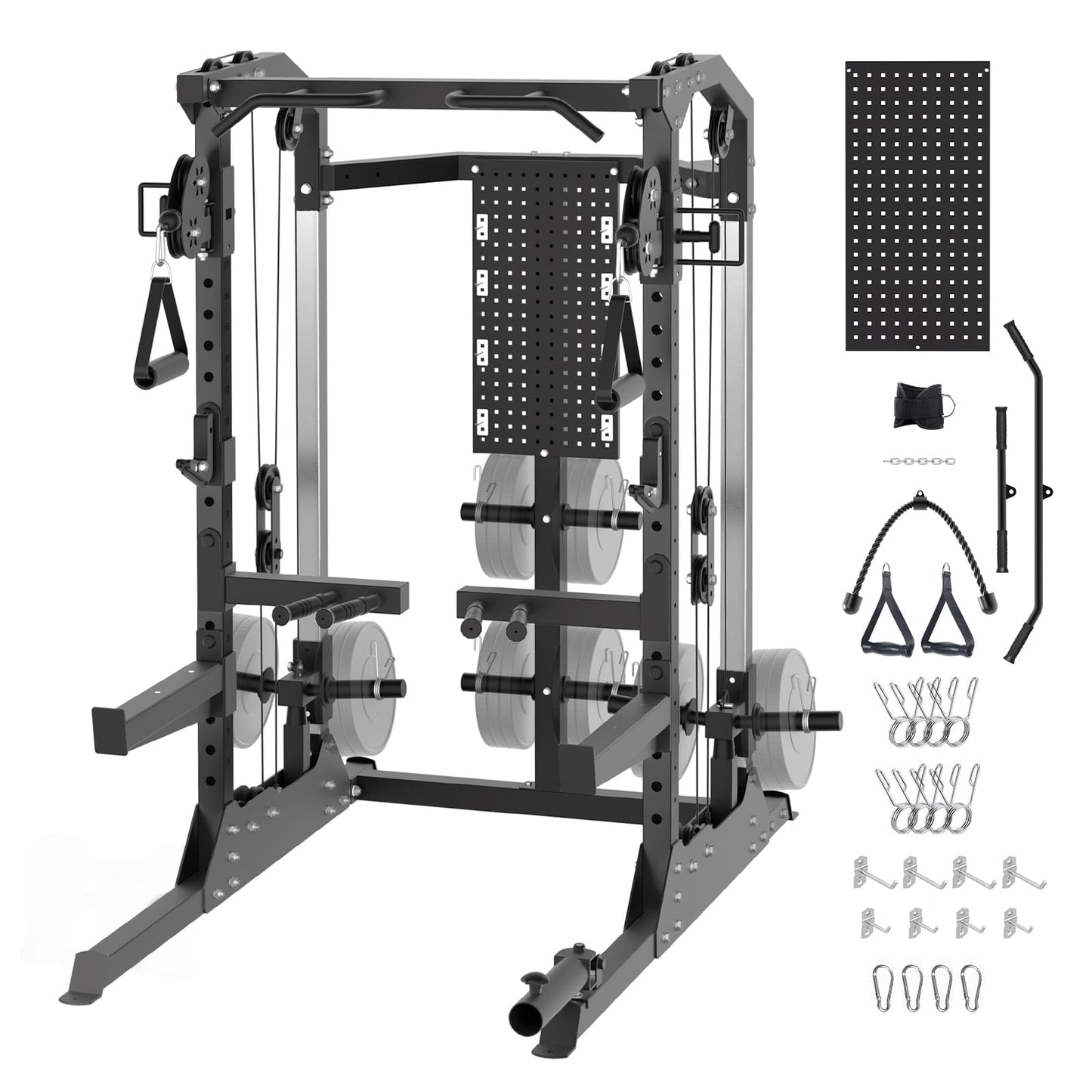 Power Cage, 2000 LB Squat Rack with Dual Pulley Cable Crossover, Multi-Function Home Gym Power Rack with Attachments, Full Body Strength Training Equipment for Home