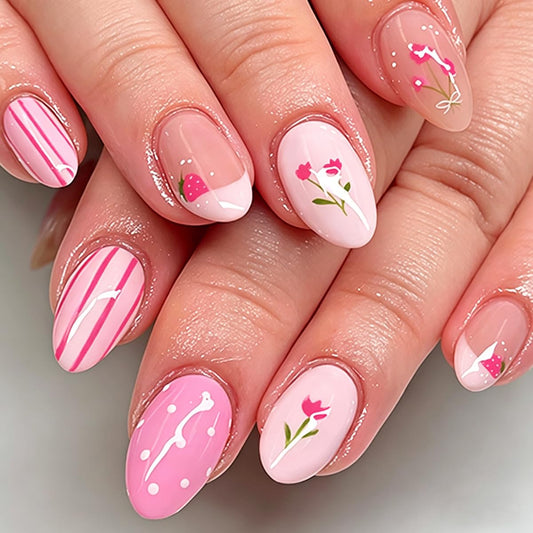 Pink Press on Nails Short Oval Fake Nails Spring Summer False Nails Press ons with Flower Design, Cute Nails Reusable Full Cover Glue on Nails for Women Girls, Manicure Kit 24Pcs