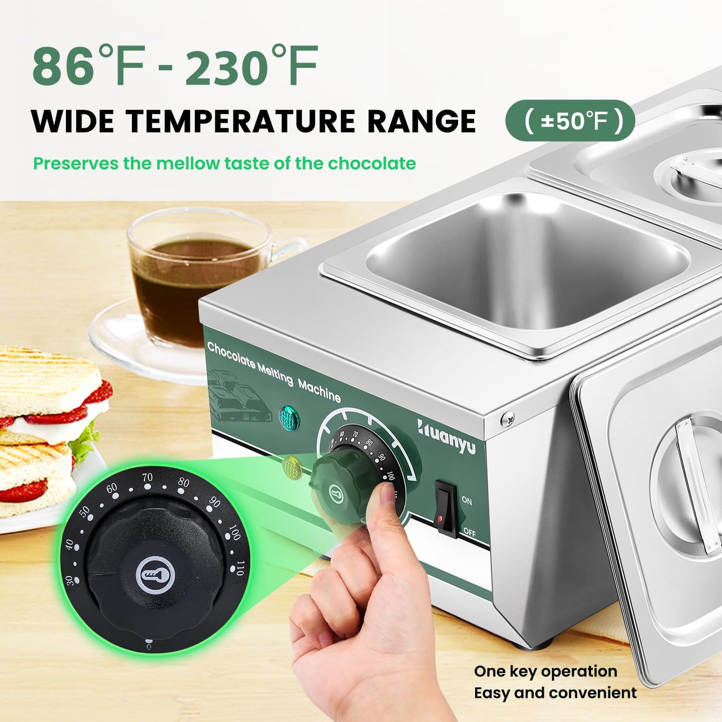 Huanyu Chocolate Tempering Machine 86~230℉ Commercial Electric Melting 2-Pot 6.6LBs Stainless Steel Food Warmer Professional Heated Chocolate Melter with Lid for Catering Restaurant Canteen Home Party