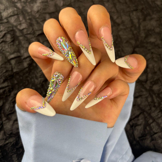 Yabonica French Tip Press On Nails Long Stiletto,10 Pcs Handmade Acrylic Fake Nails Press Ons Salon Design Stick On Nails,Luxury UV Gel Glue On False Nails with 3D Rhinestone (Middle Size)