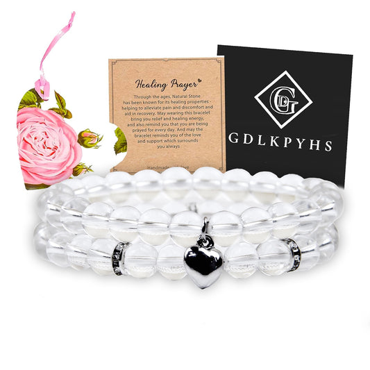 GDLKPYHS Healing Bracelets for Women - Clear Quartz Bracelet - Healing Prayers Crystal Bracelet, 8mm Natural Stone Stress Relief Yoga Beads Get Well Soon Gifts