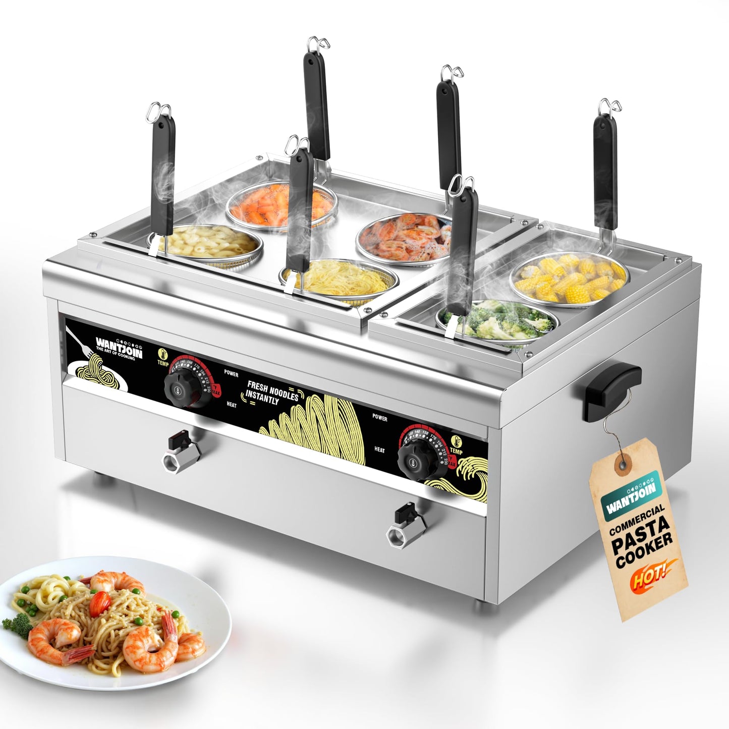 WantJoin Commercial Pasta Cooker - Electric Pasta Cooker with 6 Noodle Strainers, Precision Temp Control 86°F to 230°F, Cooking Machine w/Drain Valve for Spaghetti Ramen, Noodles and Vegetables