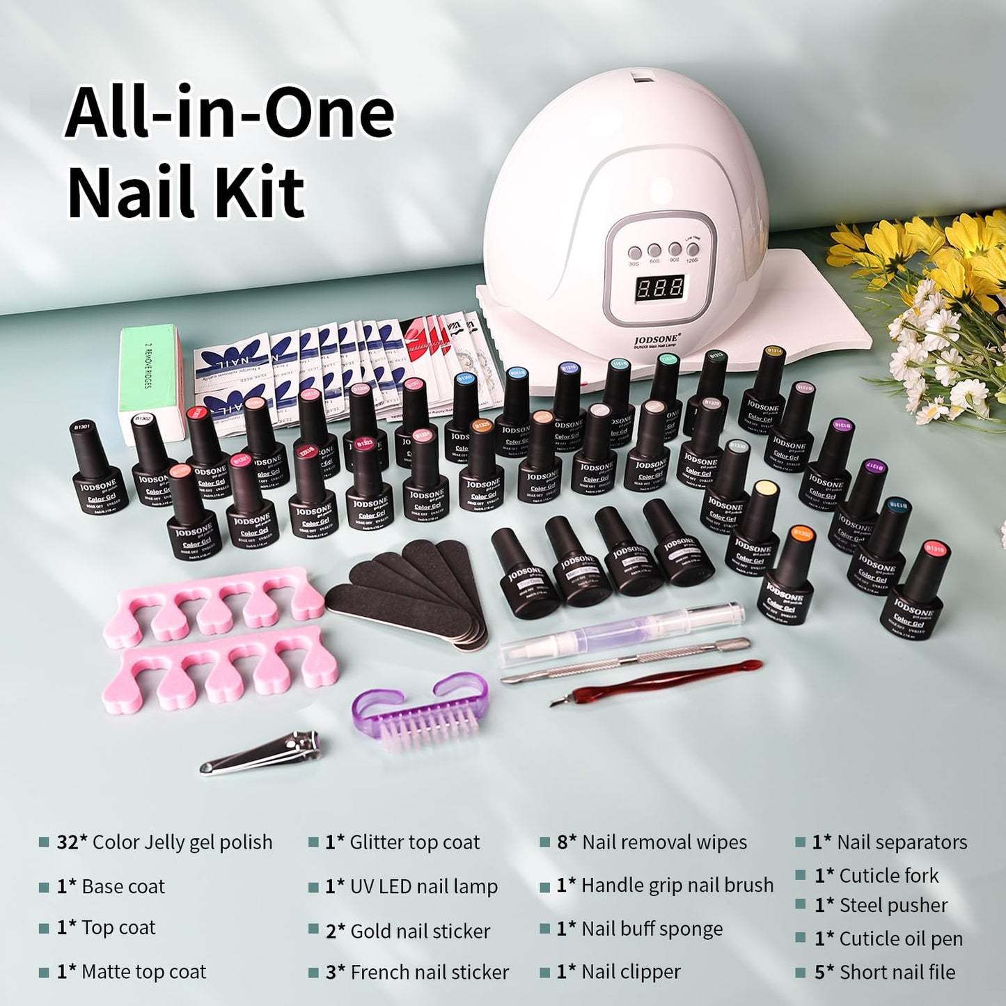 JODSONE 32 Colors Jelly Gel Nail Polish Kit with U V Light Crystal Transparent Classic Color 4 Functional Gel for All Seasons