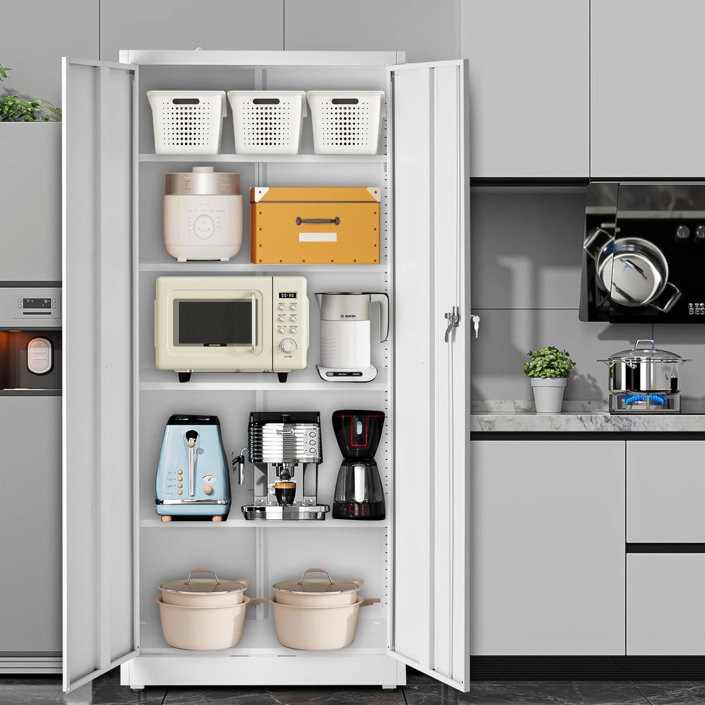 DUMOS 71" H White Metal Garage Storage Cabinets with Lock Door and Adjustable Shelves, Steel Tool Cabinets for Home,Office,Warehouse