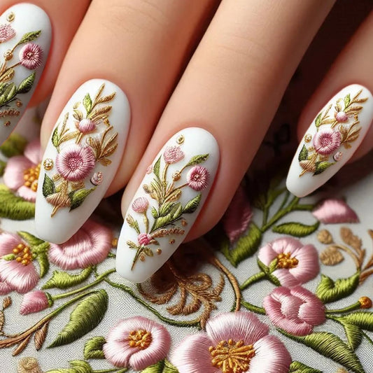 Pastel Embroidery Press on Nails Medium Ballet Shaped False Nails Flower Acrylic Nails White Stick on Nails Floral Embroidery Design Coffin Nails 24Pcs Full Cover Artificial Glue on Nails for Women