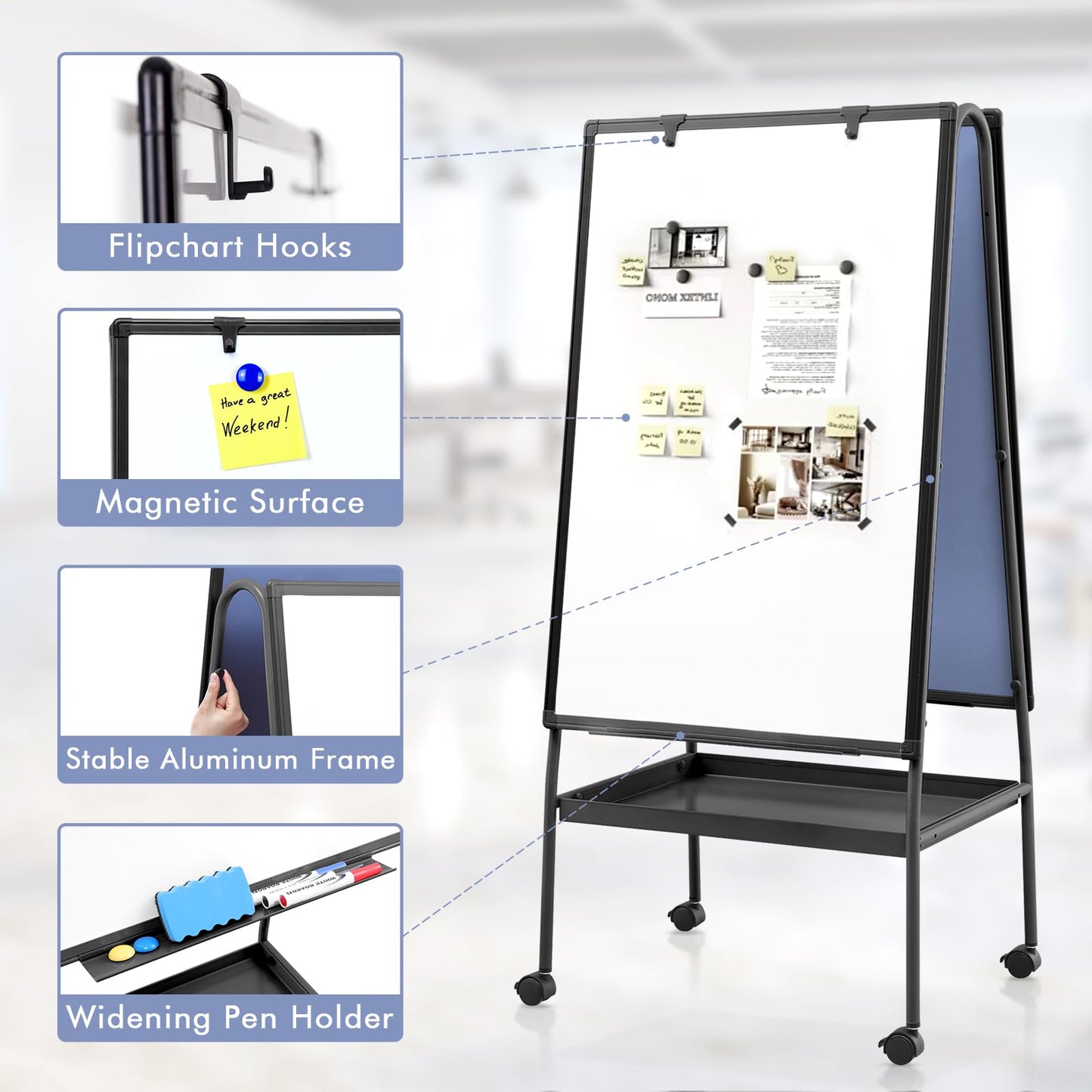 MAKELLO Rolling Whiteboard on Wheels 36x24 in, Double Sided Mobile White Board with Storage Tray for Office School Home, Magnetic Classroom Easel for Teacher, Height Adjustable, Aluminum Frame, 3'x2'