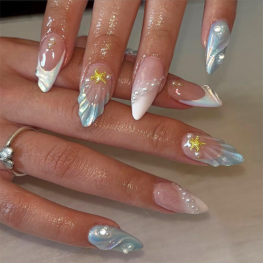 3D Star Pearl Press on Nails with French Tip False Nails Long Almond Artificial Glue on Nail Glossy Reusable Acrylic Stick on Nail for Women